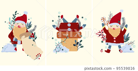 Christmas card with Santa Claus climbed into the chimney, Santa is reading a letter, winter berries, colorful leaves, pine branches, snow and other. Concept Christmas and New Year. Christmas card with Santa Claus climbed into the chimney, Santa is reading a letter, winter berries, colorful leaves, pine branches, snow and other. Concept Christmas and New Year. 95539816