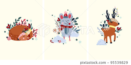 Winter cards with animals, funny reindeer and garlands on the horns, cute mouse in a scarf among heaps of snow, sleeping deer. Magic animals. Concept Christmas and New Year. Vector. 95539829