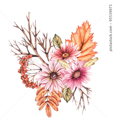 Watercolor autumn bouquet with flowers and dry leaves on a white background Watercolor autumn bouquet with flowers and dry leaves on a white background 95539971
