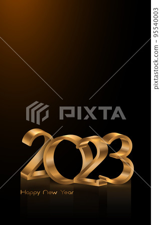 2023 golden 3D numbers, Happy New Year. Vertical banner Christmas theme. Holiday design for greeting card, invitation, calendar, party, gold luxury vip, vector isolated on black background 95540003