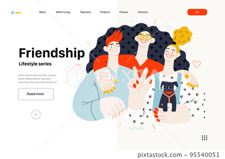 Lifestyle website template - Friendship - modern flat vector illustration of a happy young man and women embracing and posing together. People activities concept 95540051