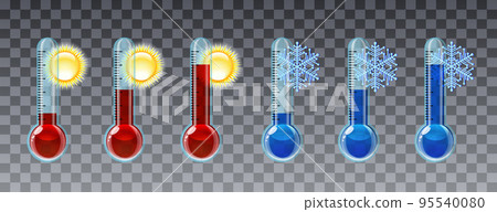 Set of transparent thermometers with different levels. Red thermometers with sun and blue with snowflakes. Set of transparent thermometers with different levels. Red thermometers with sun and blue with snowflakes. 95540080