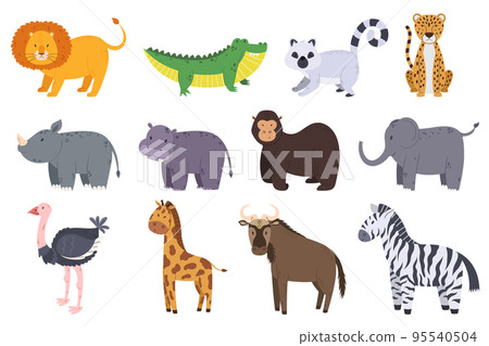 Set of African Safari Animals Lion, Crocodile, Lemur and Cheetah. Rhinoceros, Hippo, Gorilla and Elephant 95540504