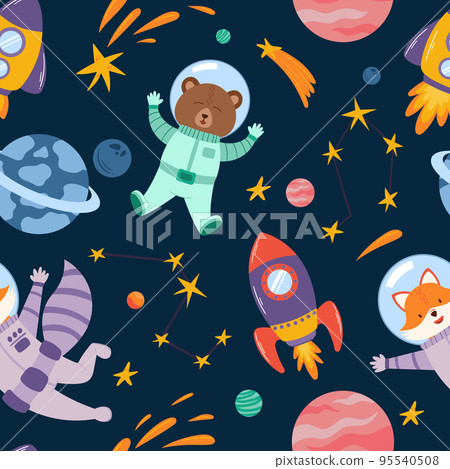 Seamless Pattern With Cute Animals Astronauts In Space. Funny Bear And Fox Flying In Weightlessness Cartoon Illustration Seamless Pattern With Cute Animals Astronauts In Space. Funny Bear And Fox Flying In Weightlessness Cartoon Illustration 95540508