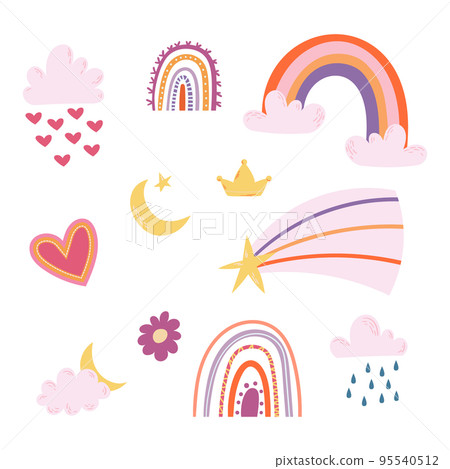 Set of Cartoon Rainbows, Clouds, Stars, Heart , Crown and Flower Isolated Cute Icons in Kawaii Scandinavian Style 95540512
