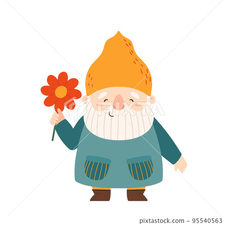 Funny Garden Gnome Wear Yellow Hat Holding Flower Isolated On White Background. Cute Elf Or Dwarf Design Element Funny Garden Gnome Wear Yellow Hat Holding Flower Isolated On White Background. Cute Elf Or Dwarf Design Element 95540563