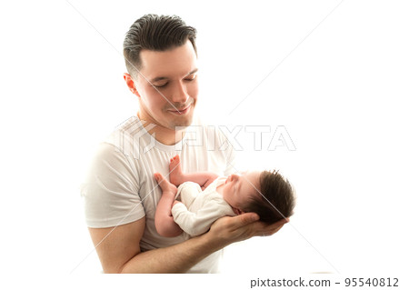 Close up portrait of young father and newborn baby. Father holds in his arms, gently hugs, kisses a beautiful newborn daughter. The concept of love, happy fatherhood. Photo on a white background. Close up portrait of young father and newborn baby. Father holds in his arms, gently hugs, kisses a beautiful newborn daughter. The concept of love, happy fatherhood. Photo on a white background. 95540812