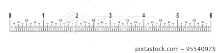 6 inches ruler scale with fractions. Unit of length in imperial system of measurement Math or geometric tool with markup and numbers isolated on white background 95540978
