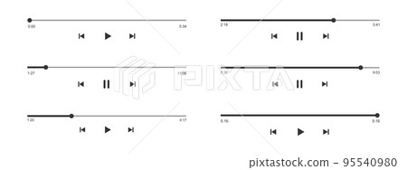 Audio or video player progress loading bars with time slider, play and pause, rewind and fast forward buttons. Set of mediaplayer playback interface templates 95540980