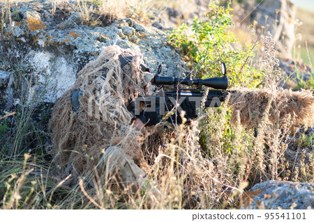 Camouflaged Sniper Rifle with Scope Stock Image - Image of