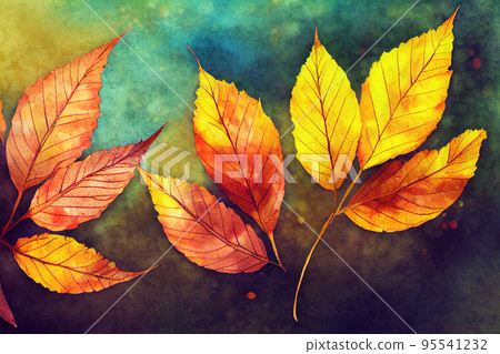 Beautiful Autumn Leaves Backgrounds - Aquarel Illustration 95541232