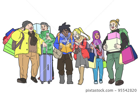 Inbound tourists enjoying shopping and sightseeing No mask White background 95542820
