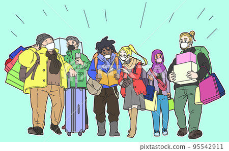 帶著面具和背景享受購物和觀光的入境游客 帶著面具和背景享受購物和觀光的入境游客 95542911