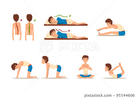 Teen Boy Demonstrating Wrong and Correct Spine Posture Vector Set 95544606