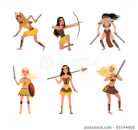 Beautiful Amazon Woman as Ancient Warriors Characters Fighting with Spears and Swords Vector Set 95544608
