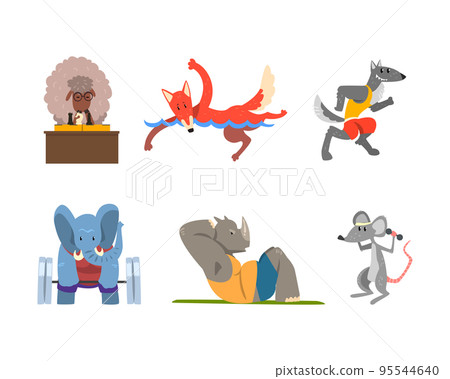 Wild Animal Characters Doing Sport Playing Chess, Swimming, Running, Doing Abdominal Crunches, Lifting Barbell and Dumbbells Vector Set Wild Animal Characters Doing Sport Playing Chess, Swimming, Running, Doing Abdominal Crunches, Lifting Barbell and Dumbbells Vector Set 95544640