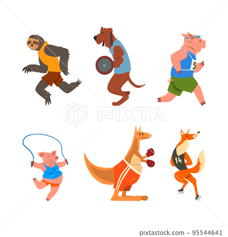 Wild Animal Characters Doing Sport Running, Lifting Heavy Barbell, Boxing, Skipping Rope and Ice Skating Vector Set Wild Animal Characters Doing Sport Running, Lifting Heavy Barbell, Boxing, Skipping Rope and Ice Skating Vector Set 95544641