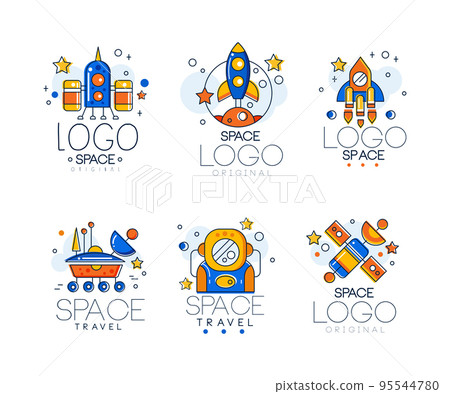 Space Logo with Astronaut, Rocket and Satellite with Planets Line Vector Set 95544780