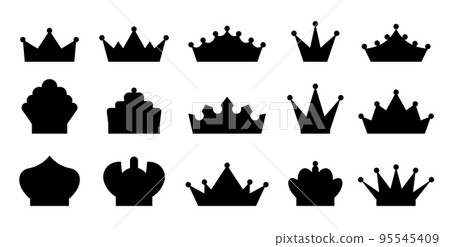 Crown black heraldic silhouette set. King award crowns emperor sign. Kingdom luxury monarch element. Queen power isolated emblem. Royal princess heraldic symbol. Prince lord vintage medieval icon 95545409