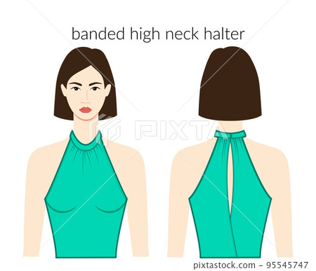 Banded high neckline halter clothes character beautiful lady in top, shirt, dress technical fashion illustration fitted 95545747