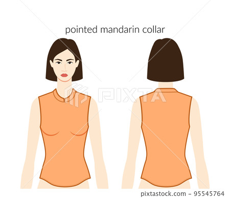 Pointed mandarin neckline collar clothes character beautiful lady in orange top, shirt technical fashion illustration Pointed mandarin neckline collar clothes character beautiful lady in orange top, shirt technical fashion illustration 95545764