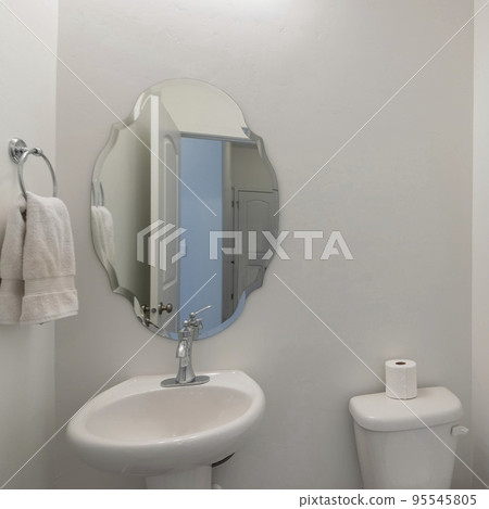 Square White powder room interior with shaped mirror and pedestal sink Square White powder room interior with shaped mirror and pedestal sink 95545805