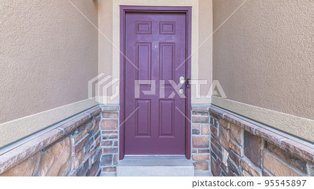 Panorama Purple front door with arched transom window and digital key access 95545897