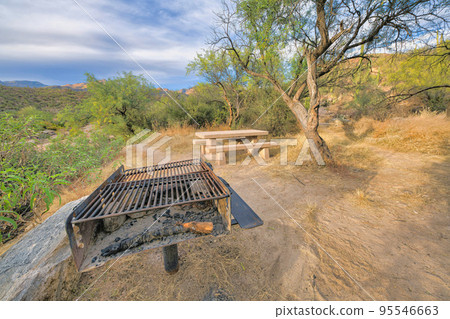 In ground wood and charcoal grill on a camping ground at Sabino Canyon in Tucson, Arizona 95546663