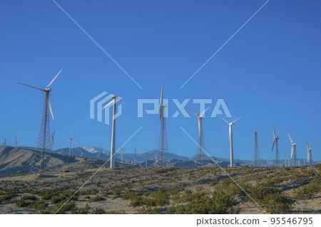 Wind turbines with lattice and tubular steel towers on a desert with wild shrubs in California 95546795