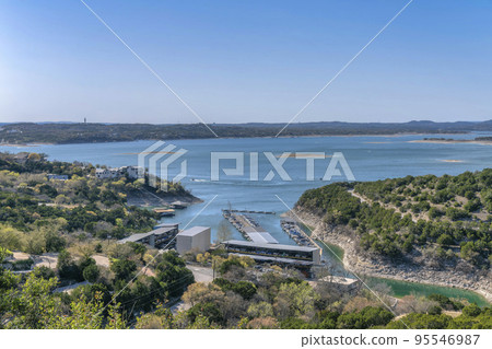 Scenic panorama of Lake Austin in Texas with blue sky view in the background 95546987