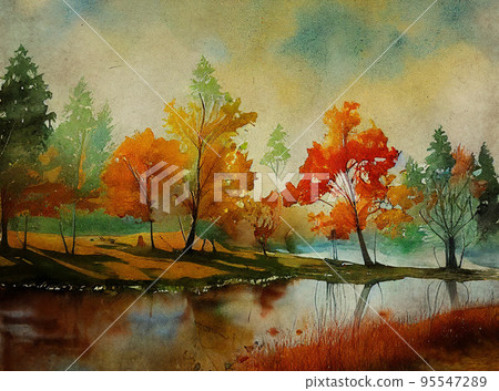 Beautiful Autumn Leaves Backgrounds - Aquarel Illustration 95547289