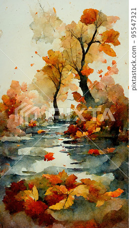 Beautiful Autumn Leaves Backgrounds - Aquarel Illustration 95547321