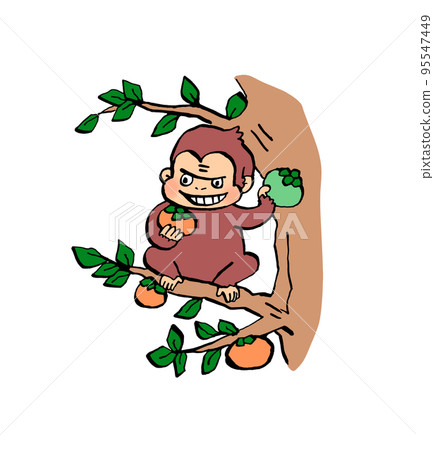 Illustration of a monkey and a persimmon tree in the old tale monkey crab battle Illustration of a monkey and a persimmon tree in the old tale monkey crab battle 95547449