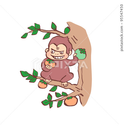 Illustration of a monkey and a persimmon tree in the old tale monkey crab battle 95547450