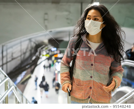 Woman in face mask with backpack walking in subway beside escolator 95548248