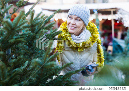 Mature female buying decoration and tree at Christmas Fair Mature female buying decoration and tree at Christmas Fair 95548285