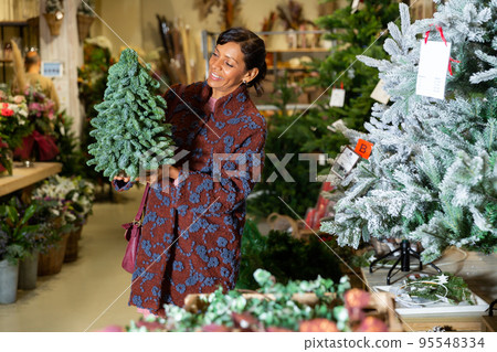 Woman choosing little christmas tree in store Woman choosing little christmas tree in store 95548334