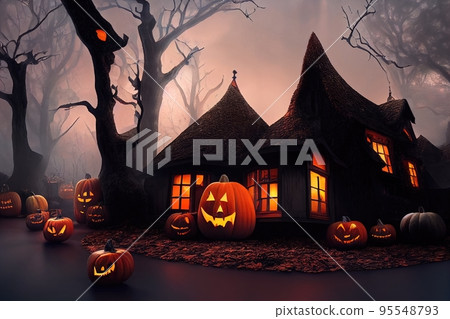 Black and orange house with Halloween theme, 3d render Black and orange house with Halloween theme, 3d render 95548793