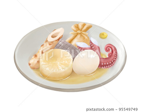 Realistic watercolor illustration of oden ingredients served on a plate 95549749