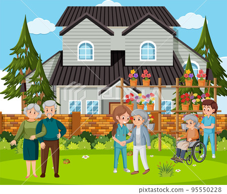 Outdoor park with elderly people and caregiver 95550228