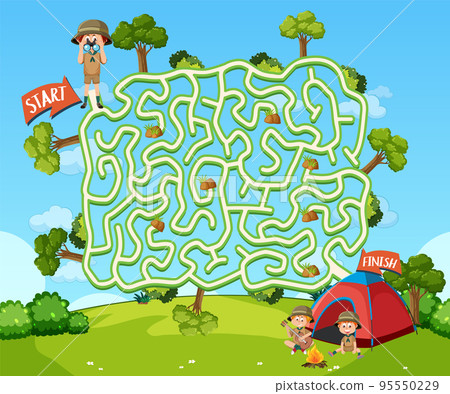 Maze game template in camping theme for kids Maze game template in camping theme for kids 95550229