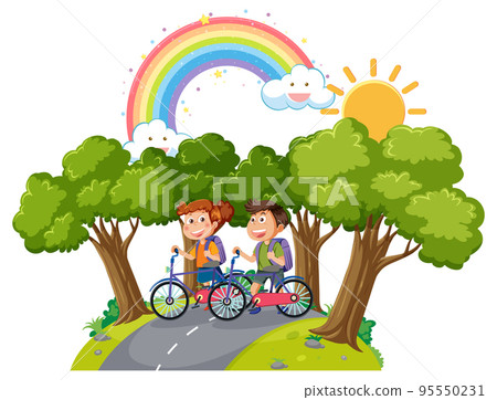 Happy children riding bicycle at park Happy children riding bicycle at park 95550231
