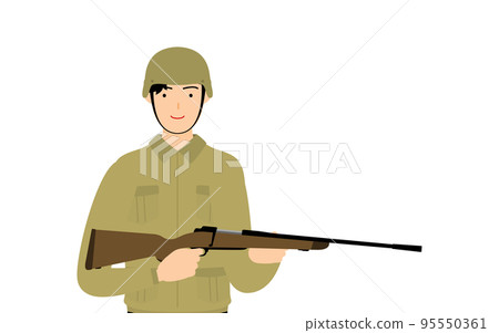Male soldier poses, stands on guard with a rifle Male soldier poses, stands on guard with a rifle 95550361