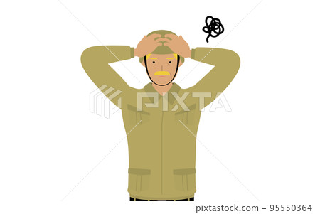 Senior male soldier poses, holding his head and worried 95550364