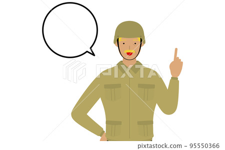 Senior male soldier poses, speaks while pointing 95550366