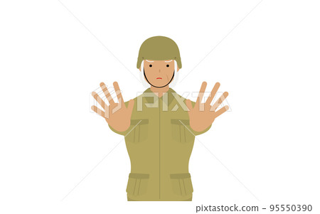 Senior female soldier poses, stop! Both hands stick out forward 95550390