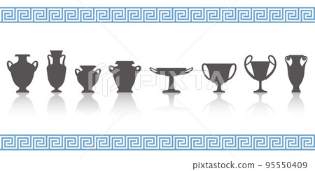 Greek vases silhouettes. Ancient amphoras and pots glyph illustration. Clay ceramic earthenware. Vector. Greek vases silhouettes. Ancient amphoras and pots glyph illustration. Clay ceramic earthenware. Vector. 95550409