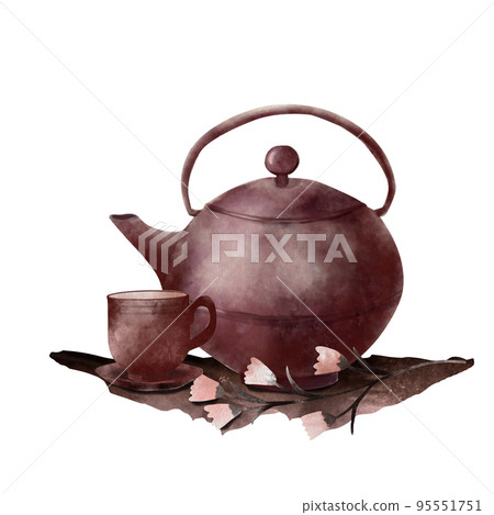 An old teapot with a teacup. Watercolor illustration for Halloween on a white isolated background 95551751