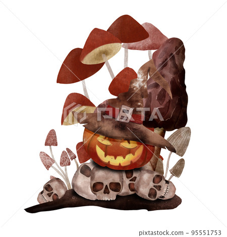 Scary pumpkin in a hat, toadstools, skulls. Watercolor illustration for Halloween on a white isolated background 95551753