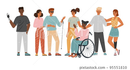 Volunteers helping people with disabilities. Diversity cocenpt vector illustration. Group of people with special needs, wheelchair, prosthesis 95551810